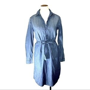 Denim Dress Blue XS Long Sleeves Belted Button Front Chambray Cotton Minimalist